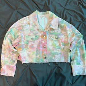 For Love And Lemons Cropped Pastel Tie-Dye Jean Jacket